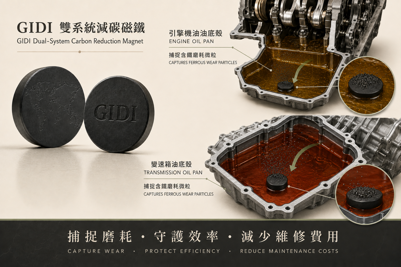 GIDI Dual-System Carbon Reduction Magnet shown in engine-oil and transmission-oil pans capturing ferrous wear particles